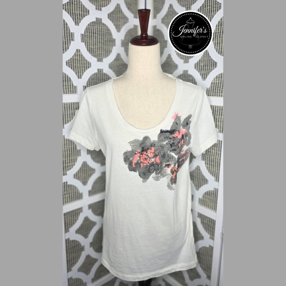 3/$30 J. Crew Women's White Raw Edge Scoop Neck Abstract Print T-shirt Large